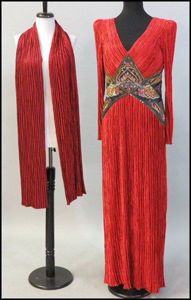 MARY MCFADDEN BEADED RED SILK EVENING GOWN.: MARY MCFADDEN BEADED RED SILK EVENING GOWN. Together with a wrap Size 14