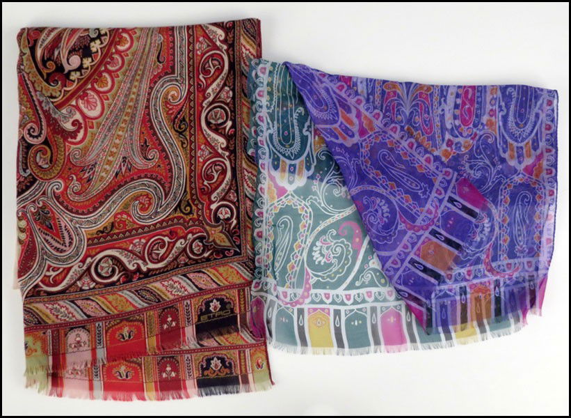 ETRO PAISLEY WOOL AND SILK BLEND SCARF.: ETRO PAISLEY WOOL AND SILK BLEND SCARF. Together with an Etro chiffon scarf