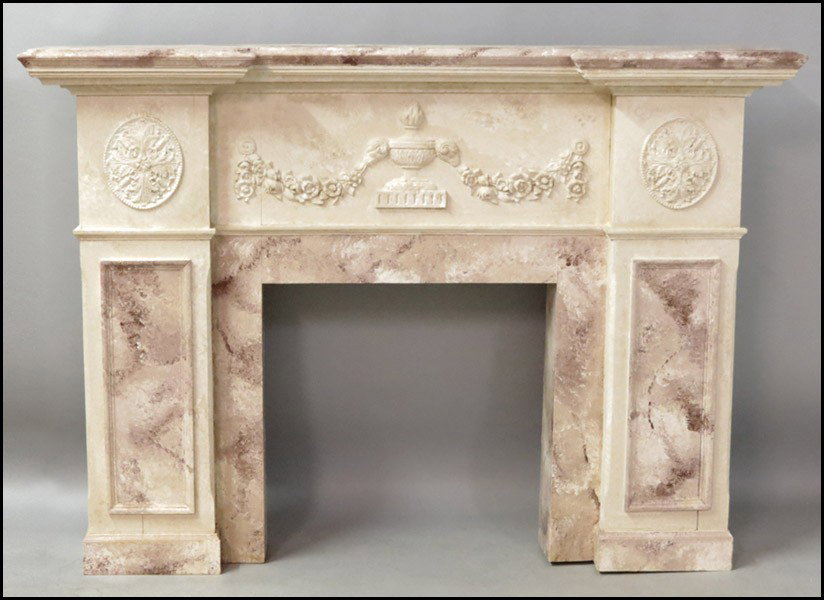 CARVED AND PAINTED WOOD FIREPLACE MANTLE.: CARVED AND PAINTED WOOD FIREPLACE MANTLE. H: 54" W: 76" D: 15"