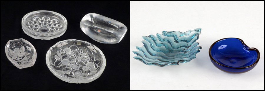 ELSA PERETTI FOR TIFFANY, COBALT GLASS DISH.: ELSA PERETTI FOR TIFFANY, COBALT GLASS DISH. Together with an Orrefors frosted glass oblong bowl, and other glass decorative objects