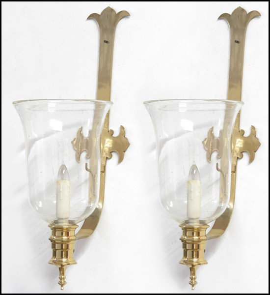PAIR OF ELECTRIFIED BRASS AND GLASS SCONCES.: PAIR OF ELECTRIFIED BRASS AND GLASS SCONCES. 31" x 21.5"