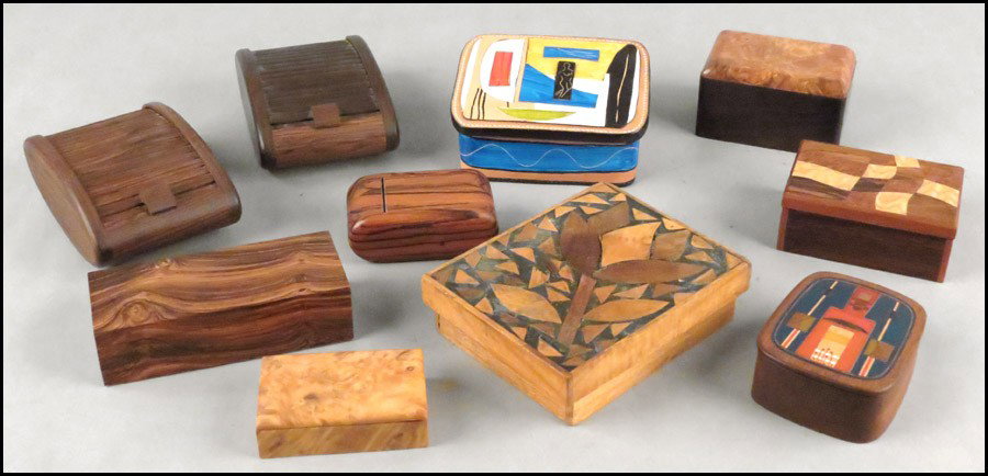 ROBERT MCKEOWN WOOD BOX.: ROBERT MCKEOWN WOOD BOX. Underside is signed and dated 77. Together with a group of wood and leather boxes