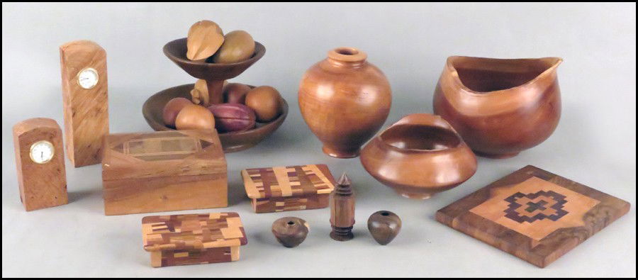 COLLECTION OF HAND CRAFTED WOOD DECORATIVE OBJ: COLLECTION OF HAND CRAFTED WOOD DECORATIVE OBJECTS.. Comprising vases, bowls, boxes, and a clock