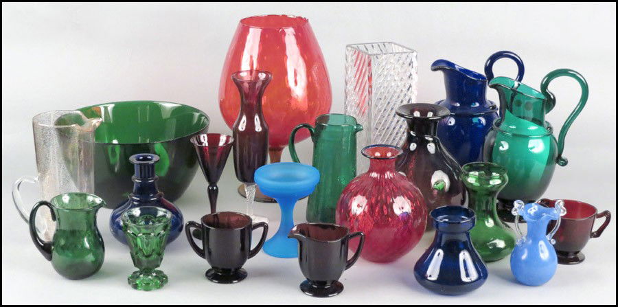 COLLECTION OF GLASS.: COLLECTION OF GLASS. Comprising vases, pitchers, bowls, and decorative objects