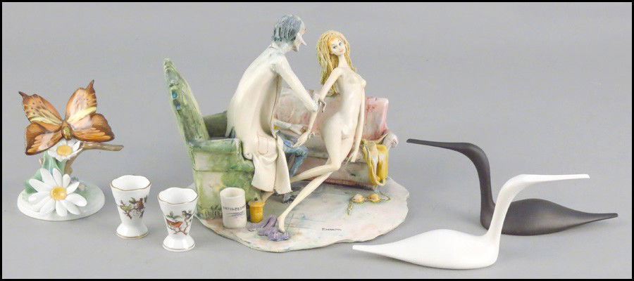 ITALIAN TONI MORETTO PAINTED CERAMIC FIGURE OF: ITALIAN TONI MORETTO PAINTED CERAMIC FIGURE OF A DOCTOR AND PATIENT. Together with two Herend porcelain cups, one Herend porcelain butterfly, and two Rosenthal studio-line porcelain birds