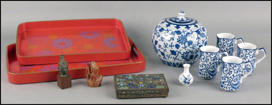 CHINESE BLUE AND WHITE PORCELAIN COVERED JAR.: CHINESE BLUE AND WHITE PORCELAIN COVERED JAR. Together with four Japanese blue and white porcelain cups, a Chinese enamel box, a Buddha head carving, a soapstone carving, and two Japanese trays