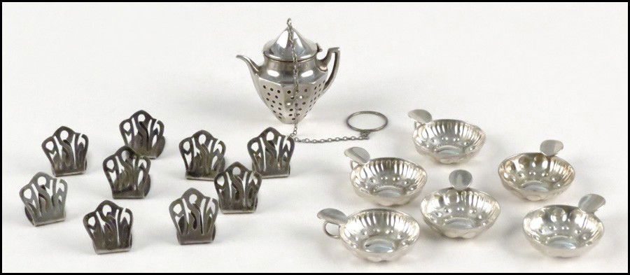 SET OF SIX FRENCH STERLING SILVER MINIATURE SO: SET OF SIX FRENCH STERLING SILVER MINIATURE SOMMELIER. Together with a set of nine sterling silver placecard holders, and a sterling silver tea ball