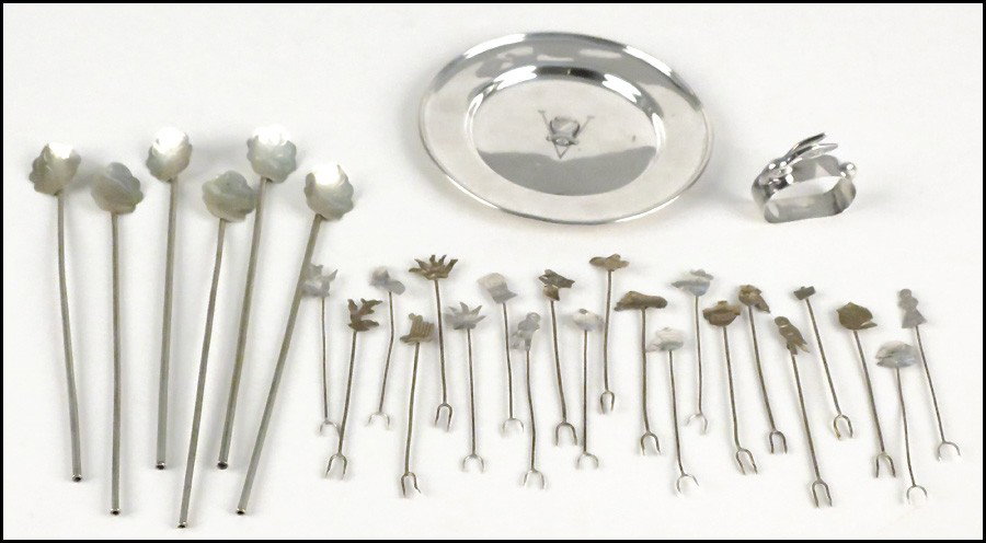 SET OF 28 DRINK STIR / STRAWS.: SET OF 28 DRINK STIR / STRAWS. Together with twenty cocktail picks, a sterling silver plate, and a sterling silver napkin ring