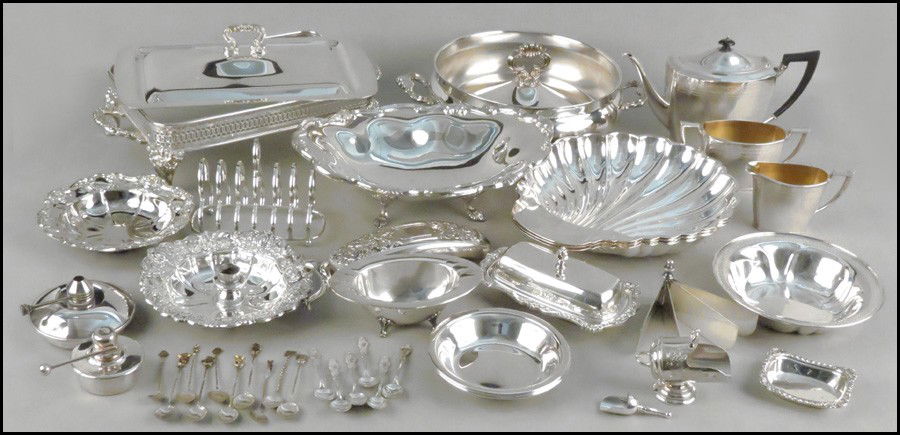 COMMUNITY THREE-PIECE SILVERPLATE TEA SERVICE.: COMMUNITY THREE-PIECE SILVERPLATE TEA SERVICE. Comprising a teapot, creamer, and sugar bowl. Together with various silverplate serving pieces and table articles