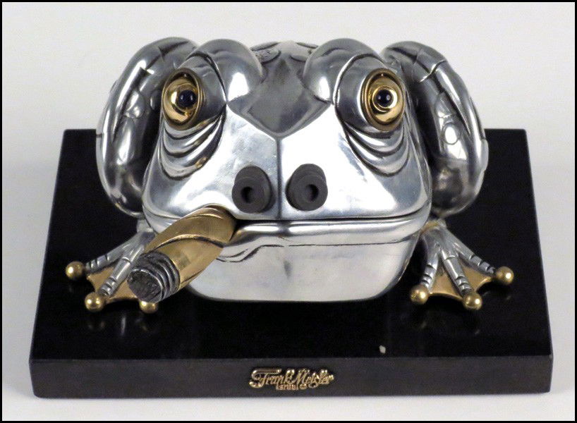 FRANK MEISLER (ISRAELI, BORN 1928) FROG BOX.: FRANK MEISLER (ISRAELI, BORN 1928) FROG BOX. Aluminum box, edition 464/730. Signed "Frank Meisler, Israel" underneath. Raised on a .75" marble base Frog: 5" x 7" x 8"