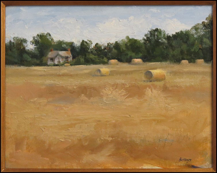 JAYNE BELLOWS (20TH CENTURY) HAYSTACKS.: JAYNE BELLOWS (20TH CENTURY) HAYSTACKS. Oil on canvas, laid to board. Signed LR Board: 11" x 14"