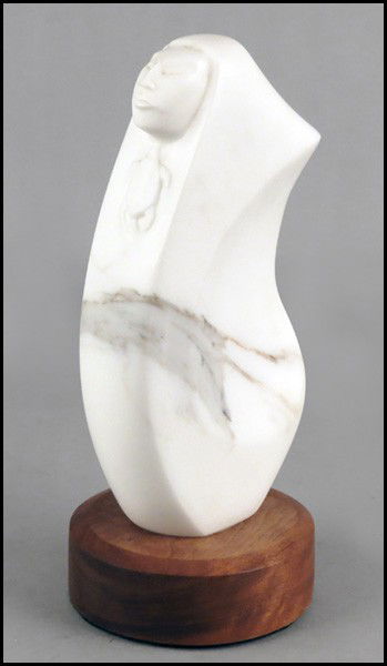 BRUCE LAFOUNTAIN (AMERICAN, B. 1961) MO-NA-MI.: BRUCE LAFOUNTAIN (AMERICAN, B. 1961) MO-NA-MI. Carved marble sculpture, signed at the bottom. Raised on a 2" base Marble height: 11.25"