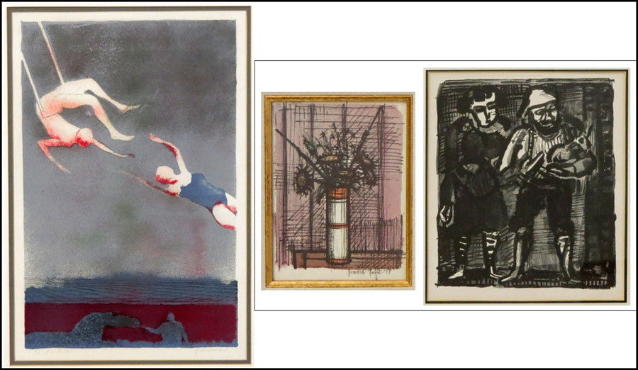 PAUL GUIRAMAND (FRENCH, B.1926) ACROBATS.: PAUL GUIRAMAND (FRENCH, B.1926) ACROBATS. Color lithograph, signed in pencil lower right, edition artist's proof (25" x 19"). Together with two decorative framed prints after Bernard Buffet and George
