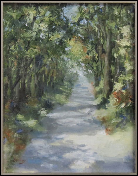 JAYNE BELLOWS (20TH CENTURY) THE PATH THROUGH: JAYNE BELLOWS (20TH CENTURY) THE PATH THROUGH THE WOODS. Oil on canvas, laid to board. Signed LL Board; 14" 11"