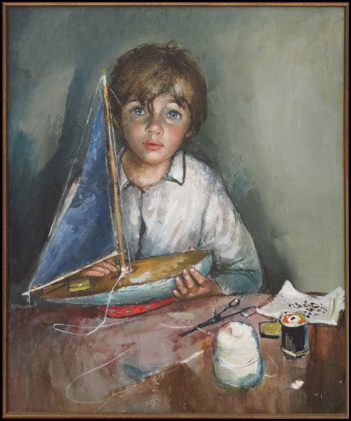 BERNARD LOCCA (1926-1997) MODEL SHIP BUILDER.: BERNARD LOCCA (1926-1997) MODEL SHIP BUILDER. Oil on canvas, signed lower right; Verso: Portrait rendering of a Gentleman in profile with signed dedication inscription; Frame: 32.50" x 28.50" 25" x 21