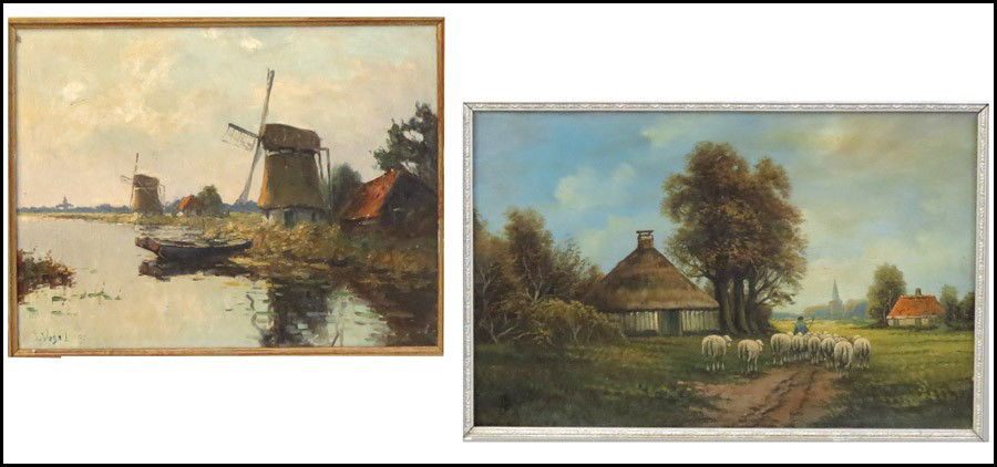 J. VOGEL (20TH CENTURY) WINDMILLS ALONG A SHOR: J. VOGEL (20TH CENTURY) WINDMILLS ALONG A SHORELINE. Oil on canvas, signed lower left (16" x 19.75"). Together with: Dutch School, Sheepherder, oil on wood panel, signed with illegible monogram lower