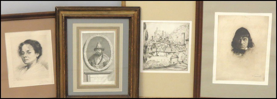 GROUP OF FOUR FRAMED ASSORTED PRINTS.: GROUP OF FOUR FRAMED ASSORTED PRINTS. John Phillips: Portrait of a Woman, etching, signed in pencil lower right (12.50" x 10" sight). Ernest David Roth: Gubbio, etching, signed in plate lower right (1