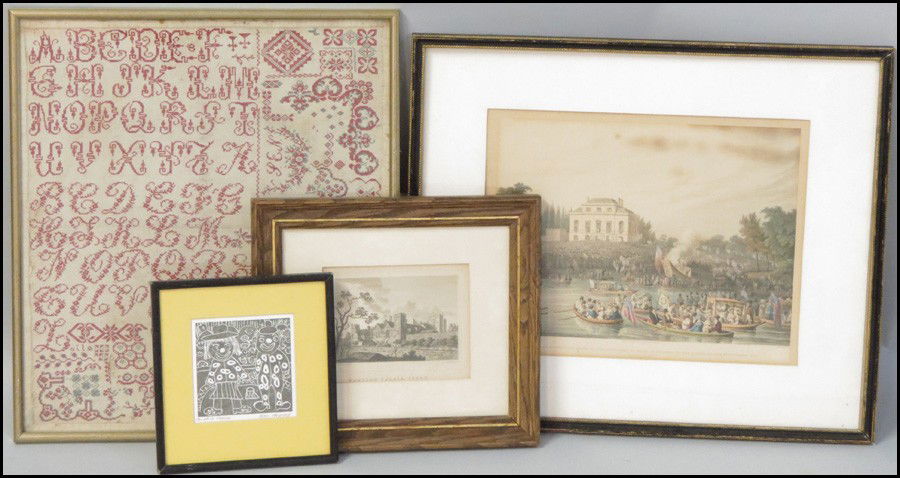 GROUP OF FOUR FRAMED DECORATIVE ITEMS.: GROUP OF FOUR FRAMED DECORATIVE ITEMS. Includes three prints and a needlepoint sampler; Various sizes, scenes and mediums