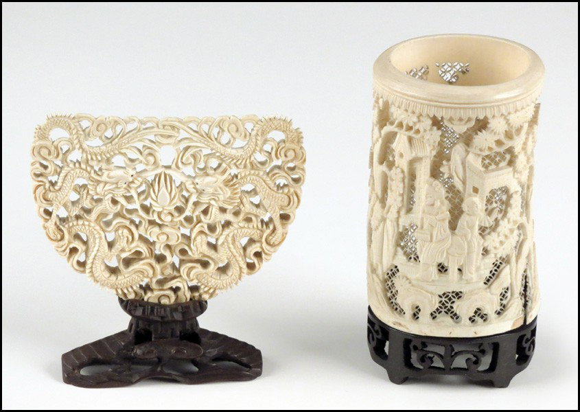 TWO CHINESE CARVINGS; A CYLINDER VASE AND A SC: TWO CHINESE CARVINGS; A CYLINDER VASE AND A SCREEN. Provenance: The Collection of G. Jules Marder, past president of the Oriental Art Club of Chicago