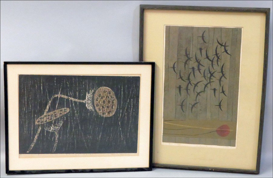 GROUP OF TWO FRAMED JAPANESE PRINTS.: GROUP OF TWO FRAMED JAPANESE PRINTS. Kaoru Kawano: Quiet Rain, woodblock, signed, titled and numbered in pencil in the lower margin, edition 59/100 (15" x 22.50"). Kunihiro Amano: Birds, woodblock, 19