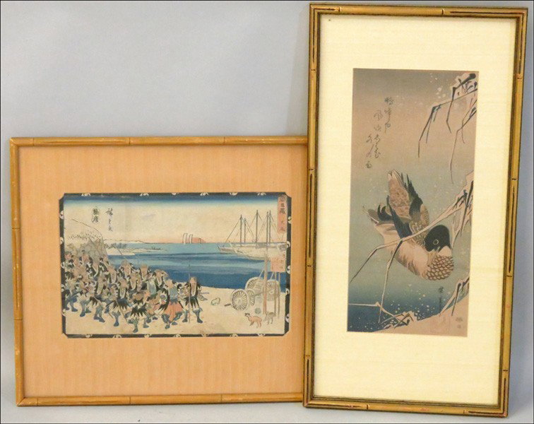 ANDO HIROSHIGE (1797-1858) WILD DUCK IN SNOW.: ANDO HIROSHIGE (1797-1858) WILD DUCK IN SNOW. Color woodblock, later printing (14.50" x 6.50"). Together with another framed Japanese woodblock (8" x 12.50")