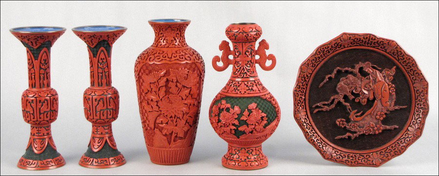 GROUP OF CINNABAR VASES.: GROUP OF CINNABAR VASES. Together with a cinnabar plaque Tallest vase: 10.5"