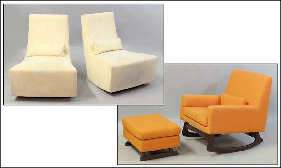 PAIR OF LIGNE ROSET CHAIRS.: PAIR OF LIGNE ROSET CHAIRS. Together with an upholstered rocking chair with matching ottoman Ligne Roset back height: 33" Rocking chair height: 35"