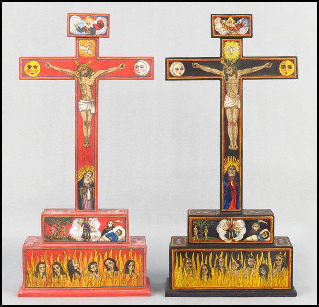 TWO MEXICAN POLYCHROME CRUCIFIX.: TWO MEXICAN POLYCHROME CRUCIFIX. Both depicting Catholic iconography on the front, and flowers en verso 24" x 11" x 4.5"