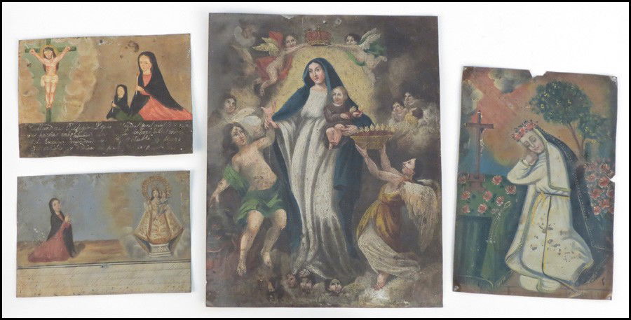 MEXICAN PAINTED TIN EX-VOTO.: MEXICAN PAINTED TIN EX-VOTO. Together with three Mexican painted tin retablo Ex-Voto: 5" x 7.25"