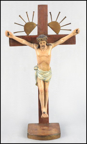 POLYCHROME DECORATED FIGURE OF CRUCIFIED CHRIS: POLYCHROME DECORATED FIGURE OF CRUCIFIED CHRIST. Together with a wood crucifix stand Figure: 17.5" x 13.5"