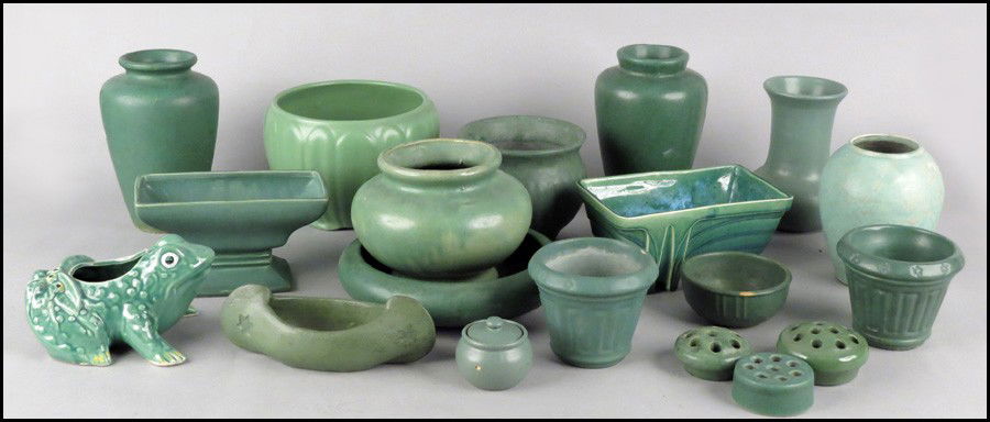 COLLECTION OF ARTS & CRAFTS POTTERY.: COLLECTION OF ARTS & CRAFTS POTTERY. Comprising flower frogs, vases, bowls, and decorative objects by McCoy and others