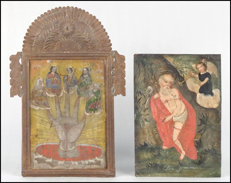 MEXICAN PAINTED TIN RETABLO OF SAN GERONIMO.: MEXICAN PAINTED TIN RETABLO OF SAN GERONIMO. Together with a painted tin retablo depcing stigmata San Geronimo retablo: 14" x 10"