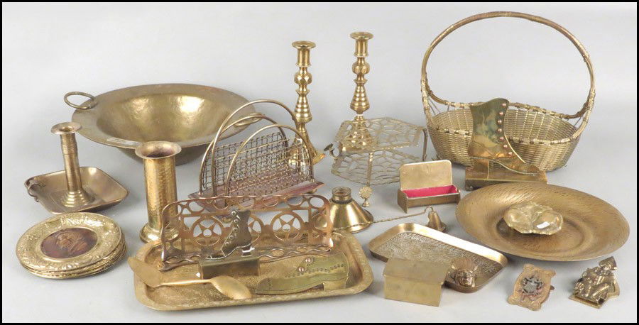 COLLECTION OF BRASS.: COLLECTION OF BRASS. Comprised of candlesticks, table articles, and decorative objects