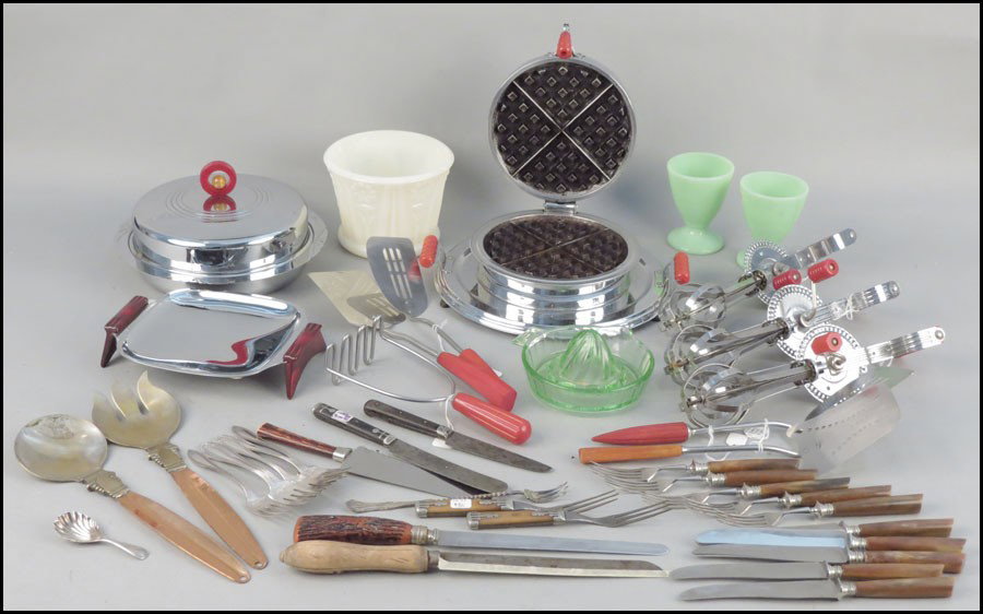 COLLECTION OF VINTAGE COOKWARE AND SERVING PIE: COLLECTION OF VINTAGE COOKWARE AND SERVING PIECES. Comprised of utensils, covered serving dishes, a waffle iron, and other
