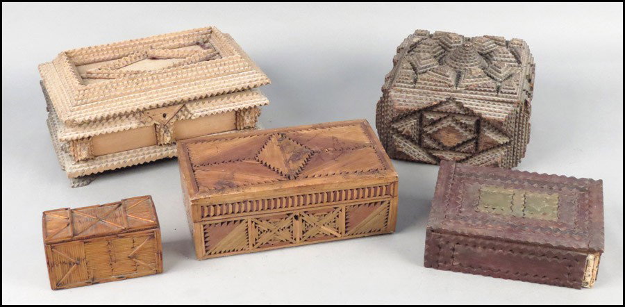 FIVE TRAMP ART BOXES.: FIVE TRAMP ART BOXES. Largest: 7" x 10" x 10"