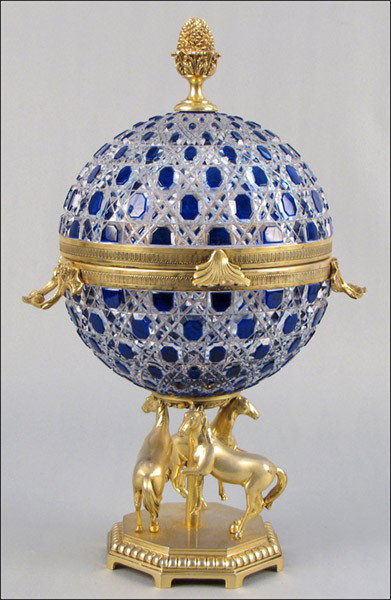 FABERGE COBALT CUT-TO-CLEAR CRYSTAL CAVIAR SER: FABERGE COBALT CUT-TO-CLEAR CRYSTAL CAVIAR SERVER WITH FINIAL. Late 20th Century Height: 18.25"