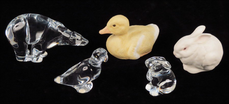 GROUP OF THREE BACCARAT CRYSTAL ANIMAL FIGURES: GROUP OF THREE BACCARAT CRYSTAL ANIMAL FIGURES. Consisting of a parrot, poloar bear and rabbit; Together with J.C. Longden duck and Cybis rabbit