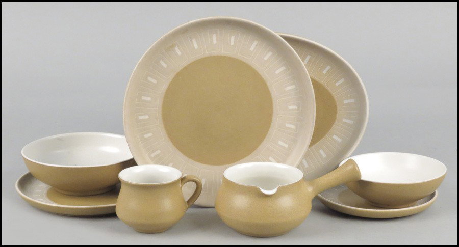 DENBY ENGLISH STONEWARE DINNER SERVICE.: DENBY ENGLISH STONEWARE DINNER SERVICE. Comprised of twelve dinner plates, twelve salad platesm, twelve bread plates, ten teacups and saucers, bowls, and one platter