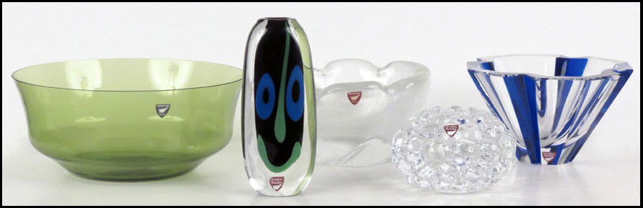 COLLECTION OF ORREFORS GLASS.: COLLECTION OF ORREFORS GLASS. Comprised of one vase, one cut-to-clear bowl, one green glass bowl, one frosted glass bowl, and one low candlestick