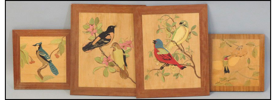 GROUP OF FOUR INLAID WOOD BIRD PLAQUES.: GROUP OF FOUR INLAID WOOD BIRD PLAQUES. Painted Bunting (16.25" x 13"); The Orioles (16.25" x 13"); Blue Jay (11.25" x 10.75"); Humming Bird (11.25" x 10.75"). Each with a label on the reverse from Eu