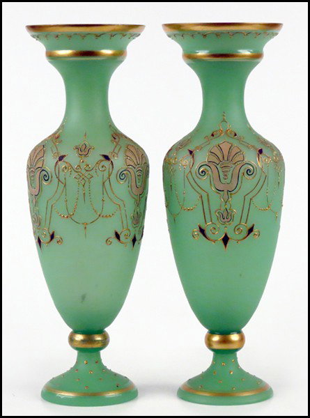 PAIR OF ENAMELED OPALINE GLASS VASES.: PAIR OF ENAMELED OPALINE GLASS VASES. Height: 14.5"