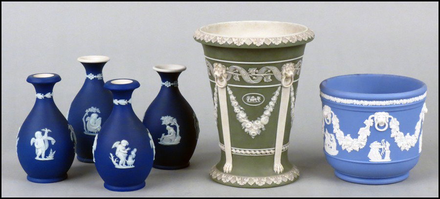 WEDGWOOD GREEN JASPERWARE VASE.: WEDGWOOD GREEN JASPERWARE VASE. Together with four Wedgwood Jasperware bud vases, and a cache pot Green vase: 7" x 5.5"