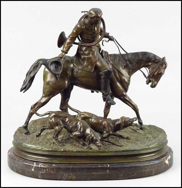 PATINATED BRONZE HUNT SCENE.: PATINATED BRONZE HUNT SCENE. Depicting a man on horseback with hounds below. Cast after Pierre Jules Mene. Raised on a 2" marble base Figure height: 17"