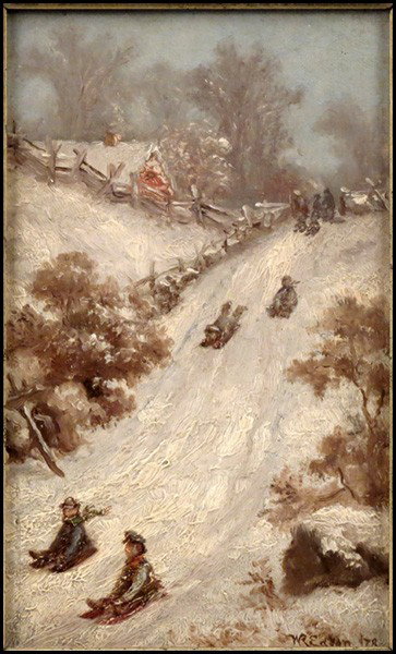 CONTINENTAL SCHOOL THE SLED HILL, 1878.: CONTINENTAL SCHOOL THE SLED HILL, 1878. Oil on board, signed illegibly and dated lower right 'WR Edvon?'; Frame: 9.4" x 6.75" 6.9" x 4.25"