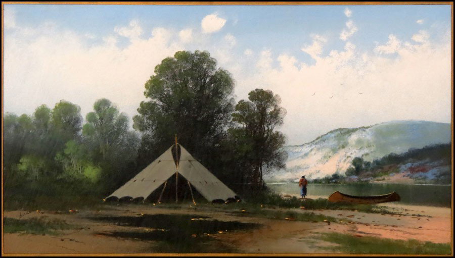 ALLEN DUKE LOVELL (AMERICAN 1893-1957) INDIAN : ALLEN DUKE LOVELL (AMERICAN 1893-1957) INDIAN CAMPED ALONG SHORELINE. Pastel, signed lower left 'Lovell;' Frame: 25.25" x 35.25" 13.50" x 23.50" (sight)