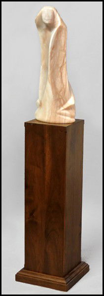 BRUCE LAFOUNTAIN (AMERICAN, BORN 1961) CLOAKED: BRUCE LAFOUNTAIN (AMERICAN, BORN 1961) CLOAKED FIGURE. Carved marble sculpture. Reverse is signed "Bruce LaFountain, 1993". Raised on a 37" pedestal Sculpture: 25.5" x 8" x 8"