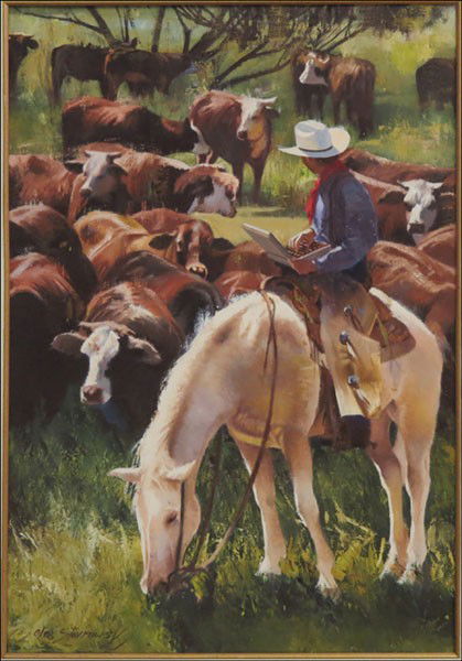 OLEG STAVROWSKY (AMERICAN, B.1927) LAP TOP COW: OLEG STAVROWSKY (AMERICAN, B.1927) LAP TOP COWBOY. Oil on canvas, signed lower left; Additionally signed and titled on the reverse; Frame: 42.75" x 31.25" 36" x 24"