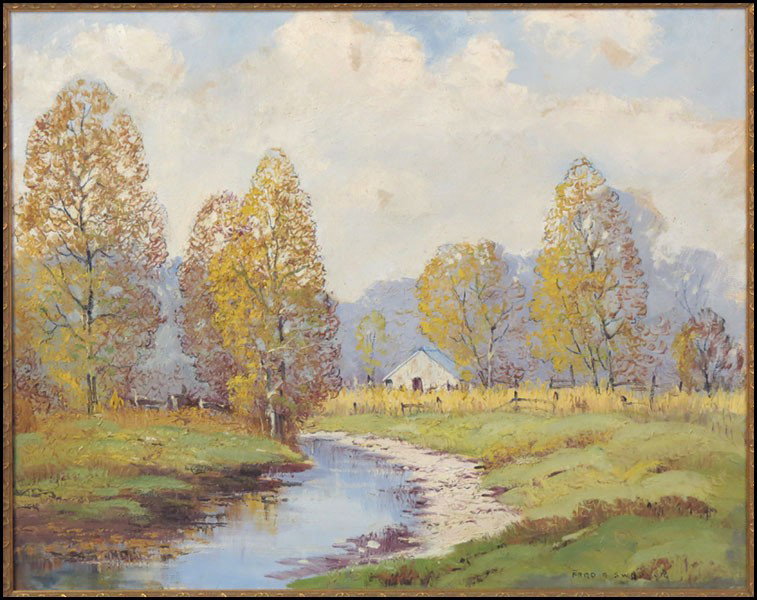 FRED E. SWEDLUN/ERNEST T. FREDERICKS (AMERICAN: FRED E. SWEDLUN/ERNEST T. FREDERICKS (AMERICAN 1877-1959) BARN IN AUTUMN LANDSCAPE. Oil on canvas, signed lower right 'Fred E. Swedlun;' Frame: 28" x 34" 23.75" x 30"