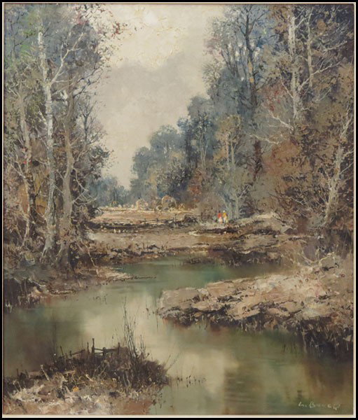 WILLI BAUER (GERMAN, B.1923) FIGURES ALONG A W: WILLI BAUER (GERMAN, B.1923) FIGURES ALONG A WOODLAND STREAM. Oil on canvas, signed lower right; Frame: 31" x 26.75" 24" x 20"