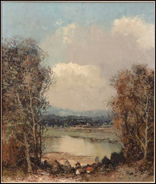 WILLI BAUER (GERMAN, B.1923) LAKE VIEW.: WILLI BAUER (GERMAN, B.1923) LAKE VIEW. Oil on canvas, signed lower left; Frame: 30.50" x 26.50" 24" x 20"